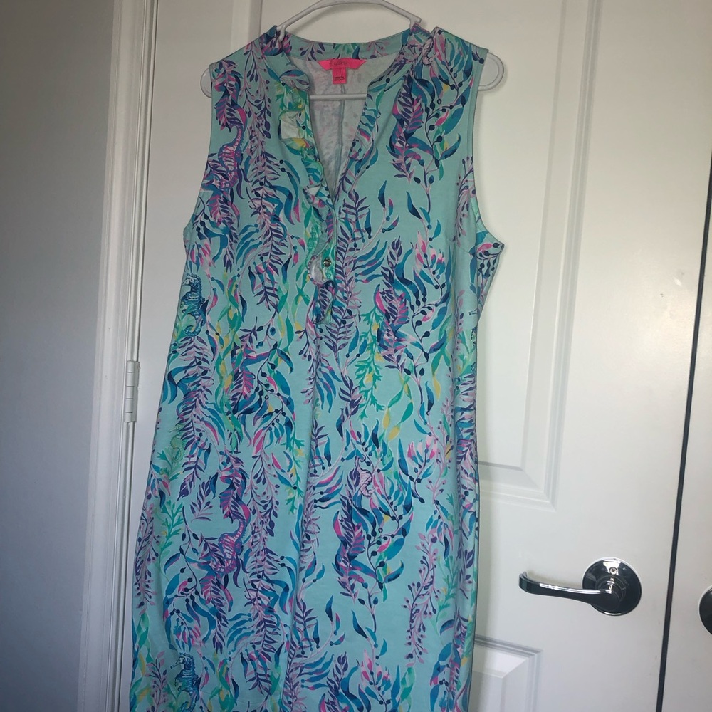 Lilly Pulitzer Aqua Multicolor Leaf-Print Sleeveless Midi Shift Dress